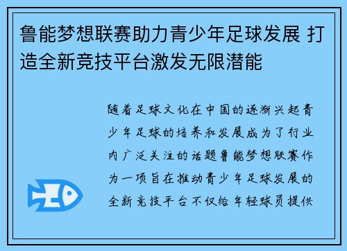 鲁能梦想联赛助力青少年足球发展 打造全新竞技平台激发无限潜能